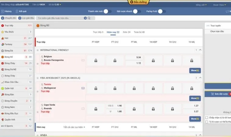 Giao diện đặt kèo cá cược bóng rổ HB88