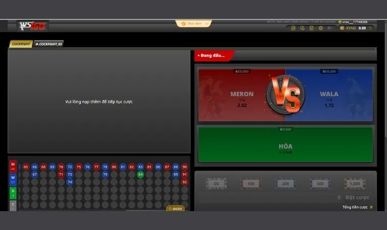 Giao diện đặt cược tại sảnh Đá Gà WS168 Tại HB88