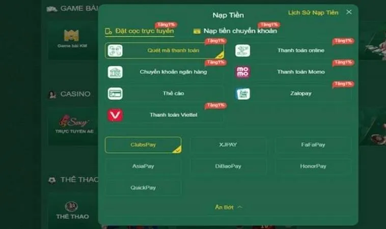 Nạp Tiền HB88 Dễ Dàng Nhanh Chóng Cho Người Chơi Mới 2 Giao diện nạp tiền HB88
